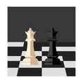White and black chess queens facing each other on checkered board flat minimal vector illustration Royalty Free Stock Photo