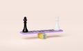 White and black chess with seesaw,dollar coins isolated on pink background ,3d illustration or 3d render