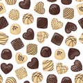 White and black chocolate sweets decorated with confectionery cream. Vector seamless pattern