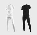 White, black compression underwear mockup, t-shirt, tight pants 3D rendering, for design, pattern