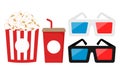 White and black 3d cinema glasses cartoon. Popcorn in red paper box. Soda in red paper cup.