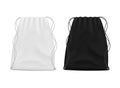 White and black drawstring bags mockup. School backpack for packing clothes. Canvas pouch, knapsack with rope for print. Textile