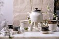 White and black handmade ceramic teapot for tea ceremony Royalty Free Stock Photo