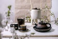 White and black handmade ceramic teapot for tea ceremony Royalty Free Stock Photo