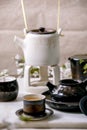 White and black handmade ceramic teapot for tea ceremony Royalty Free Stock Photo