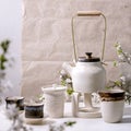 White and black handmade ceramic teapot for tea ceremony Royalty Free Stock Photo