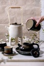 White and black handmade ceramic teapot for tea ceremony Royalty Free Stock Photo