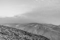 White and black landscape view on mystic blue morning desert sunrise