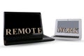 White and black laptops isolated on a white background. the inscription remote work made of wooden letters Royalty Free Stock Photo