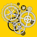 White and black linear gear wheels in flat style hole on yellow