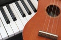 White black piano keys and guitar with a strings Royalty Free Stock Photo