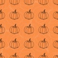 White and black pumpkin pattern. Vector contour graphics on an orange background