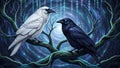 White and Black Ravens on Tree Branches with Digital Binary Code Background Royalty Free Stock Photo