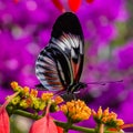 White, black, red piano key longwing butterfly on yellow flower Royalty Free Stock Photo