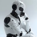 a contemplative android: a sleek white robot in deep thought against a minimalist background, pondering the future of artificial i Royalty Free Stock Photo