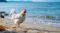 Graceful White Rooster On Sandy Beach: Ethical Concerns And Expressionism