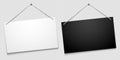 White and black shop door signboards hanging on nail isolated on transparent background. Empty or blank sign.