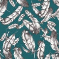 White and black sketch illustration of bird feathers on trendy deep lake color background. Seamless pattern