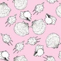 White and black sketch illustration of seashells on trendy Little Piglet color Panton 2019 background. Seamless pattern