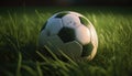 White-black soccer ball on the lush green grass of the football field close-up