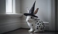 A white and black spotted rabbit in a tiny hat, sitting in a cozy corner Royalty Free Stock Photo
