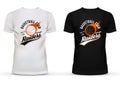 White and black t-shirt with basketball ball and fire trail for chicago raiders team. Limited sportswear edition for