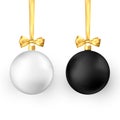 White and black traditional holiday realistic Christmas balls with golden ribbon and bow