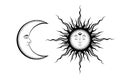 White and black vector isolated sketch tattoo sun and moon in boho style Royalty Free Stock Photo