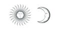 White and black vector isolated sketch tattoo sun and moon. Mystical illustration with two signs in boho style Royalty Free Stock Photo