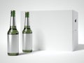 White blank beer packaging and two bottles. 3d rendering Royalty Free Stock Photo