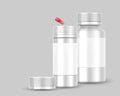 White blank Bottle packaging with red pill capsule isolated. Medicine banner design. Medical container mockup. Vector Royalty Free Stock Photo