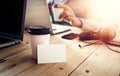 White Blank Business Card Mockup Wood Table Take Away Coffee Cup.Adult Businessman Work Modern Notebook Office Blurred Royalty Free Stock Photo