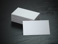 White blank business cards mockup on black wood table background Royalty Free Stock Photo