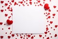 White blank card around scattered red heart.Valentine\'s Day banner with space for your own content. White background color. Royalty Free Stock Photo