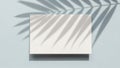 White blank card casting shadow from palm leaf on a light blue surface Royalty Free Stock Photo