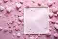 White blank card decorated with scattered pink hearts. Heart as a symbol of affection and