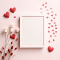 White blank card in a frame around the decoration with Red hearts and white flowers.Valentine\'s Day banner with space for yo Royalty Free Stock Photo