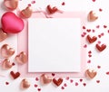 White blank card with space for your own content. Decorations of pink and gold hearts, confetti. Valentine\'s Day as a day s Royalty Free Stock Photo