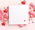 White blank card with space for your own content. Decorations of pink and gold hearts, confetti. Valentine\'s Day as a day s Royalty Free Stock Photo