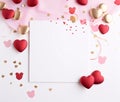 White blank card with space for your own content. Decorations of pink and gold hearts, confetti. Valentine\'s Day as a day s Royalty Free Stock Photo