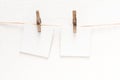 White blank cards on rope, light wall background Royalty Free Stock Photo