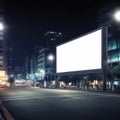 White blank city billboard for mockup standing outdoors at night, advertising poster on the street for advertisement