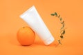 White blank cosmetic bottle, tube of cream, lotion for body, face or hand, orange fruit and green branch eucalypt. Concept Royalty Free Stock Photo