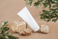 White blank cosmetic bottle tube on stone framed by green leaves of branches, beige background. Natural Organic Spa Cosmetic Royalty Free Stock Photo