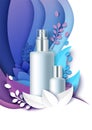 Cosmetic bottles mockup, paper cut floral background, vector illustration. Beauty and skin care product ads template. Royalty Free Stock Photo