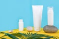 White blank cosmetic tube, bottle with sunscreen, sun cream, moisturizing lotion, rock and green leaf on blue, yellow background. Royalty Free Stock Photo