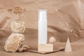 White blank cosmetic tube with cream, serum or other cosmetic product, stones, geometric shape, dried plant flowers on beige craft Royalty Free Stock Photo