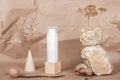 White blank cosmetic tube with cream, serum or other cosmetic product, stones, geometric shape, dried plant flowers on beige craft Royalty Free Stock Photo