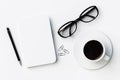 White blank diary cover, cup of coffee and glasses on white table, mock up