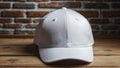 White blank empty baseball cap Mock up template isolated on brick wall background